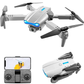 White drone with propellers, smartphone app interface, and folded drone on a white background