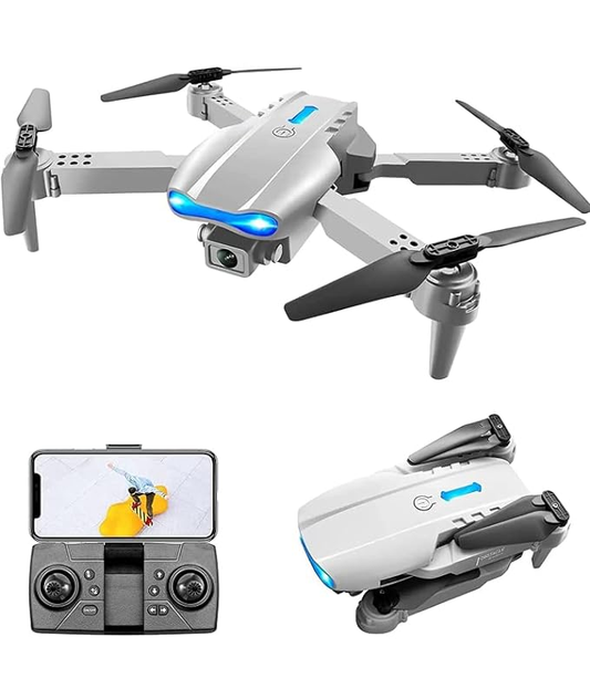 White drone with propellers, smartphone app interface, and folded drone on a white background